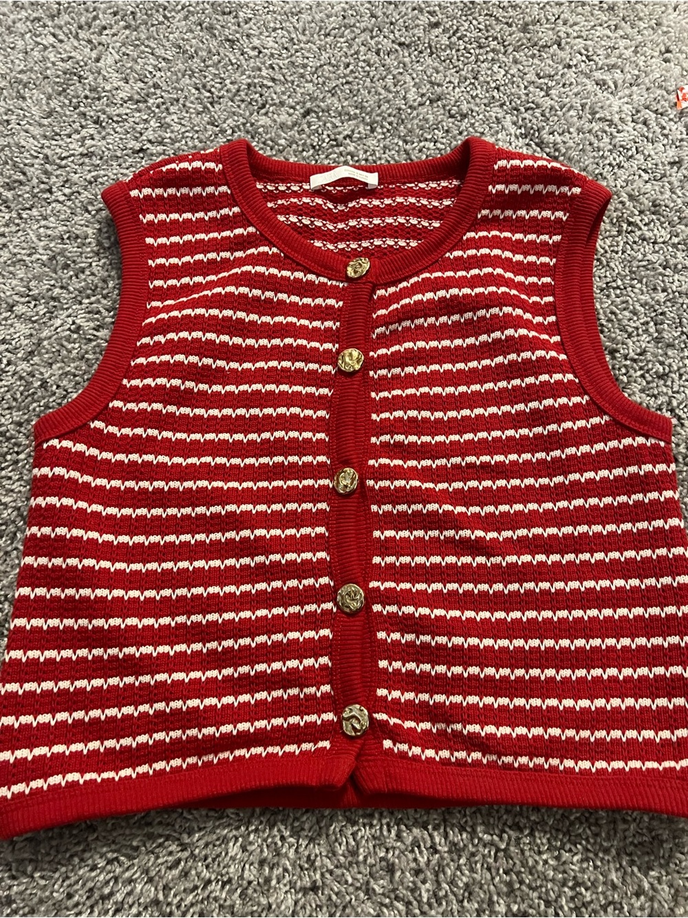 Zara Red and White Striped Knit Button Vest